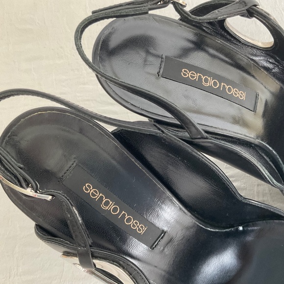 Sergio Rossi Dressy Slingbacks Pumps Heels Pointed Toe Black Leather w Silver 38 - Picture 16 of 16
